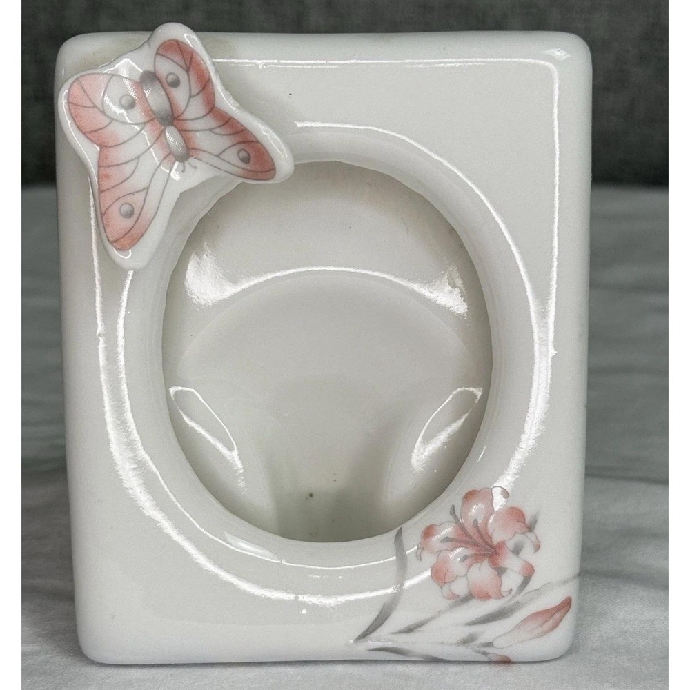 Vintage 80s‎ Oval Ceramic Mini Picture Frame Pink Butterflies Flowers 3D Taiwan